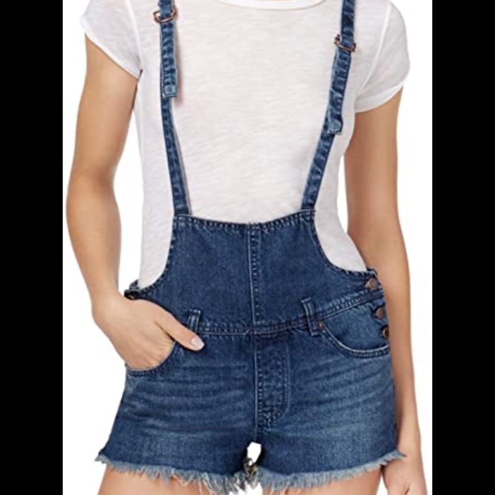 Free People strappy denim overall shorts